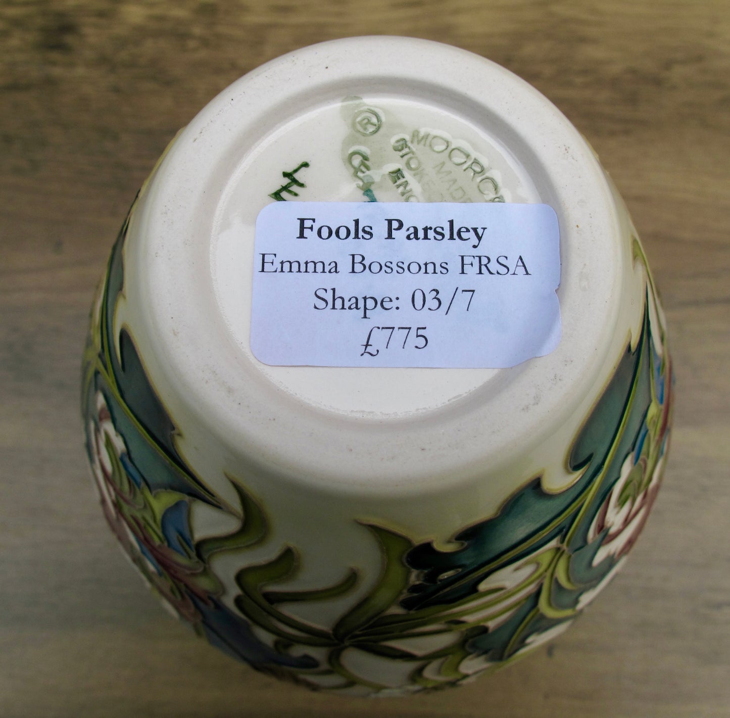 Moorcroft FOOLS PARSLEY Vase 03/7 Trial Dated 10.7.23 Retail Price £775