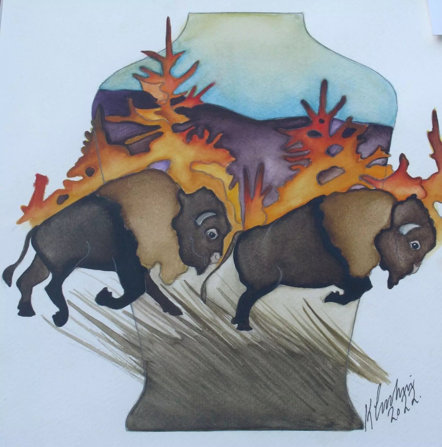 Moorcroft Framed Watercolour painting Buffallo Signed by Kerry Goodwin RRP £245